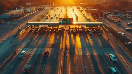 Sunset Over Highway Toll Plaza with Traffic Flow