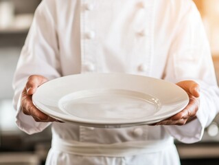 Chef presenting a clean, empty plate in a professional kitchen, highlighting culinary expertise and dining elegance.