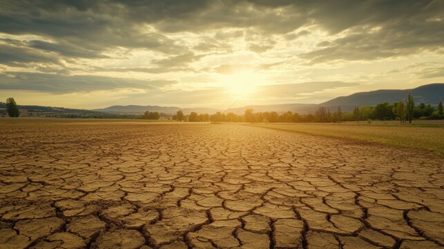 A barren, drought-ravaged landscape where once-lush fields are now dry, cracked earth, farmers struggling to survive amid the environmental catastrophe