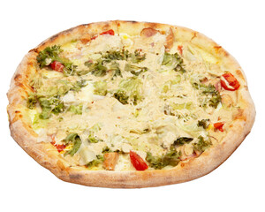 Tasty pizza with salad leaves, cheese, tomatoes. Healthy vegetables pizza. Italian pizza, isolated on white background