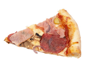 A slice of pizza bacon, ingredient becon and mozarella, isolated on white