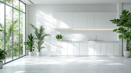 Monochromatic white kitchen interior with white walls