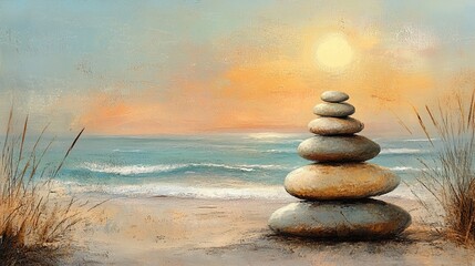 Fototapeta premium Tranquil Beach Sunset with Stacked Stones