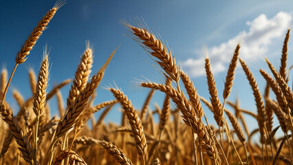 Fototapeta premium Golden wheat ears on a sunny day with a blue sky, symbolizing rich harvest.