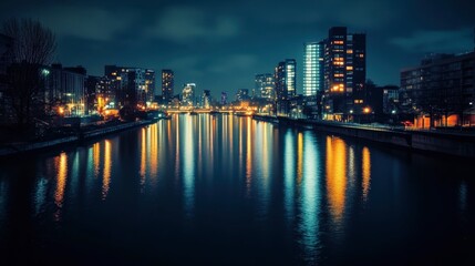 Obraz premium A river running through a city at night, with lights from buildings and bridges reflecting on the dark water.