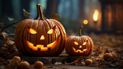 Fototapeta premium Carved pumpkins with a wide grin and spooky faces in a forest during autumn evening