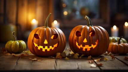 Fototapeta premium Carved pumpkins with glowing faces on a rustic table, surrounded by autumn leaves