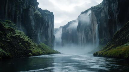 A river running through a foggy canyon, with towering cliffs on either side and mist hanging low over the water.