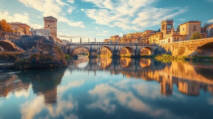 Obraz premium A river running through an ancient city, with stone bridges and historic buildings reflected in the calm water.