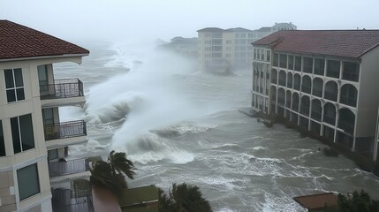 A hurricane making landfall, with intense winds and rain battering coastal buildings
