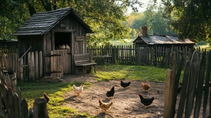 A rustic wooden chicken coop in a backyard, with hens pecking at the ground and a fence surrounding the area. © phattharabodin