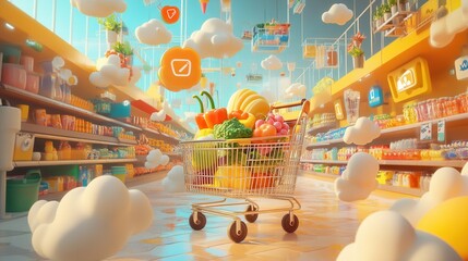 Colorful Supermarket Aisle with Shopping Cart and Clouds