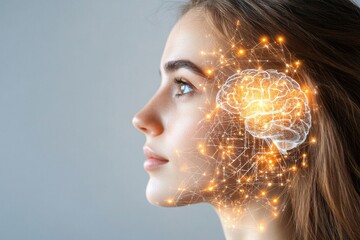 Profile of a young woman with neural circuits and glowing connections in her brain symbolizing enhanced cognition artificial intelligence and neural augmentation in a futuristic environment