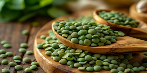 Naklejka premium CloseUp of Green Lentils on Wooden Spoons Healthy Vegan Food Ingredients