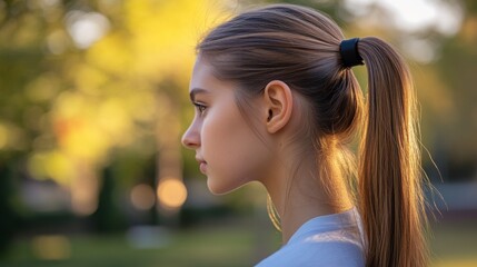 Naklejka premium A side view of a girl sleek ponytail, secured with a shiny black rubber band, with a blurred outdoor scene in the background.