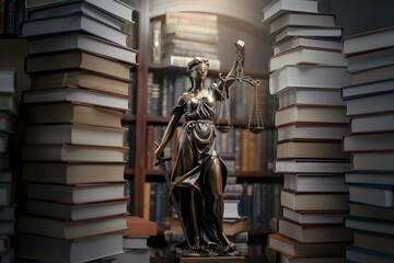 Fototapeta premium Statue of Justice among tall stacked books, soft lighting highlights intricate details