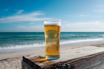 Tall glass of golden beer on weathered wood, serene beach scene with azure sea and clear sky