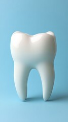 Pastel blue postcard with a white fake tooth, concept of dentistry