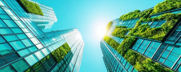 Modern skyscrapers adorned with greenery under a bright blue sky, symbolizing urban sustainability and eco-friendly architecture.
