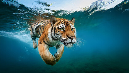 Underwater photo of a tiger swimming beneath the surface of the water in the sea