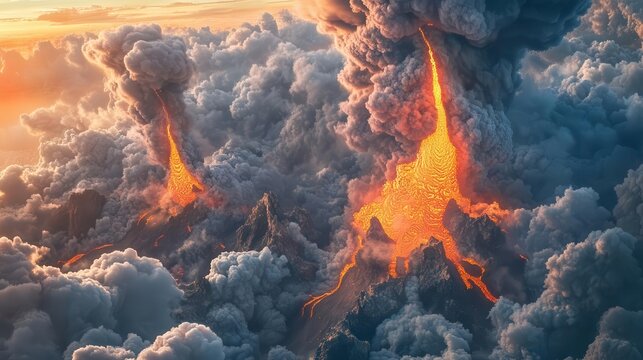 A powerful volcanic eruption, with lava spewing into the air and ash clouds covering the sky
