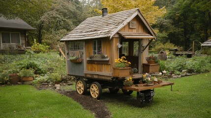 A small, portable chicken coop on wheels, allowing the flock to graze in different parts of the yard each day.
