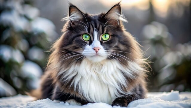 "Majestic Norwegian Forest cat with a thick, glossy black coat, piercing green eyes, and a delicate white 'snowshoe' marking on its paws."