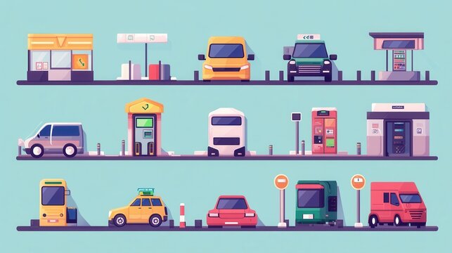 "Colorful Vehicles and Stations Illustrated in Modern Style"