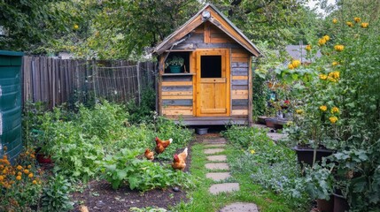 A small, urban chicken coop in a backyard garden, with hens laying eggs and fresh plants growing nearby.