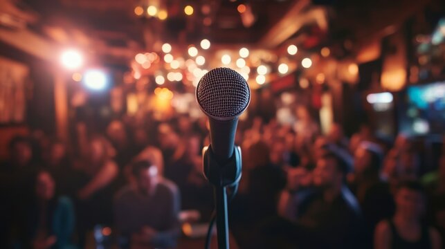 A stand-up comedian delivering a punchline to a laughing audience in a packed comedy club.