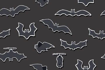 Fototapeta premium Halloween seamless pattern of bats stickers isolated on black background. Halloween concept. Halloween banner.