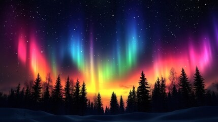 Fototapeta premium A striking view of the Aurora Borealis above a snowy forest, with trees silhouetted against the colorful lights in the night sky.