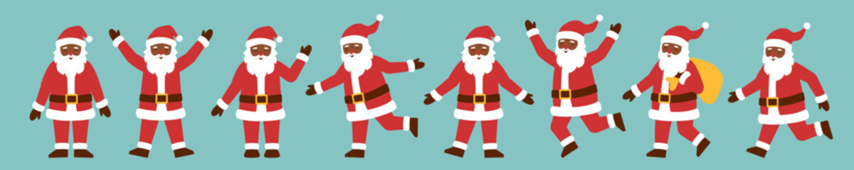 Set of Santa Clauses in different poses. Black skin Santa Claus. Christmas concept.	