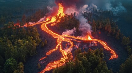 Naklejka premium A volcanic eruption with rivers of lava flowing through a forest, setting trees ablaze