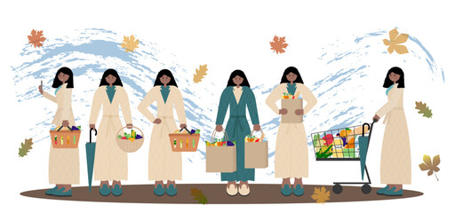 Obraz premium Set of illustrations dark-skinned woman in light-colored coat, holding basket, paper bags and shopping cart. Vector flat for retail marketing, online store promotions, social media content.