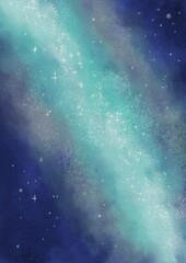 Vibrant cosmic nebula with glowing teal and turquoise hues blending into a starry deep blue and purple background. Perfect for celestial, space, or abstract-themed projects and backgrounds