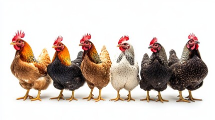 Fototapeta premium Portrait of different hens isolated on a white background