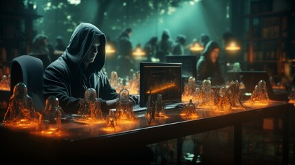 Futuristic office setting with glowing digital decorations for Halloween in action at night