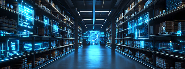 Futuristic Warehouse Corridor with Digital Projections