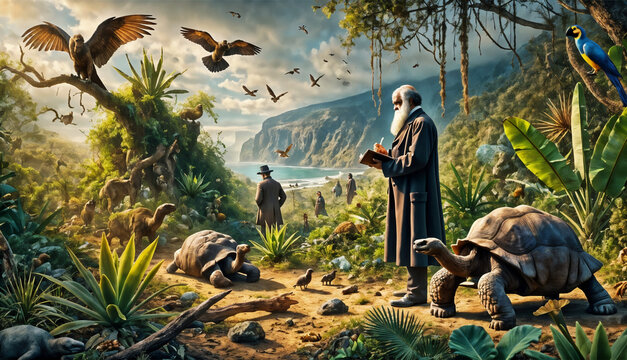 Charles Darwin observing wildlife in the Gal&aacute;pagos Islands, surrounded by lush flora and fauna, including giant tortoises, birds, and exotic plants, symbolizing evolution