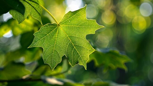 Beautiful green maple leaf illuminated by sunlight in a tranquil forest setting during the early morning hours