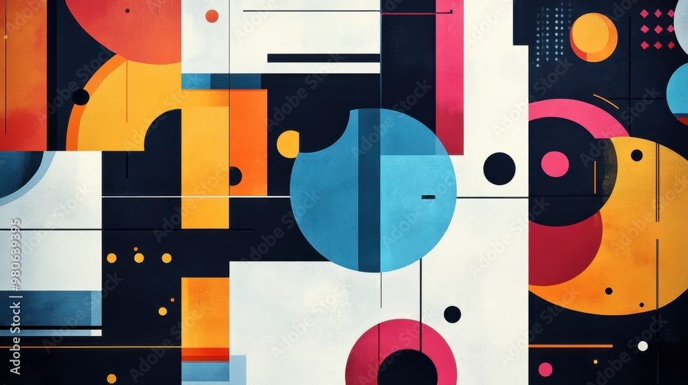 Fototapete a vector-based poster design featuring abstract geometric shapes in bold colors, displayed on a digi