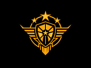 striking vector logo design featuring a golden shield with a central star and wings, symbolizing protection, achievement, and excellence