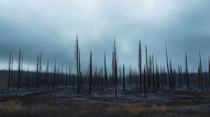 Obraz premium Bleak, grey skies over a forest, with trees standing as blackened skeletons after a fire