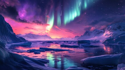 A vibrant display of the Northern Lights over a remote Arctic landscape, with ice floes and a clear night sky filled with stars.