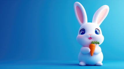 Obraz premium Cute cartoon bunny holding a carrot on a blue background