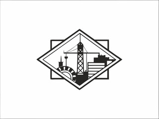A modern and minimalist logo design featuring a stylized cityscape with a crane, symbolizing construction, development, and urban growth