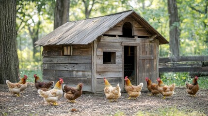 A vintage-style chicken coop made from reclaimed wood, with hens pecking the ground around the rustic structure.