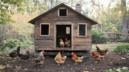A vintage-style chicken coop made from reclaimed wood, with hens pecking the ground around the rustic structure.