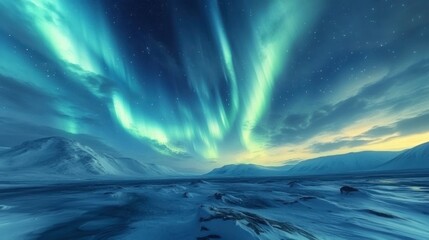Naklejka premium A vivid display of the Aurora Borealis over a peaceful Arctic tundra, with a blanket of snow and distant hills in the background.